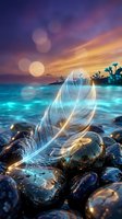 Glowing feather with light trails on rocky beach at sunset with bokeh lights and turquoise water creating magical fantasy atmosphere for creative projects.