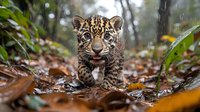 Adorable jaguar cub walking through autumn forest leaves in rain, showing spotted coat pattern and bright blue eyes, expressing curiosity and playfulness.