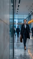 Professional businesswoman walking through modern office corridor with briefcase during busy workday in corporate building.