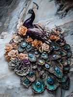 Decorative peacock art piece featuring turquoise and purple feathers adorned with beige and peach roses, set against textured marble background.