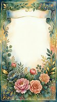 Watercolor floral frame with roses, peonies, gold accents, and lush greenery surrounding a blank center space for text or design.