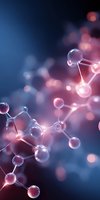 Glowing molecular structure with connected spherical atoms on dark blue background with bokeh effect, science concept for research and innovation presentations.