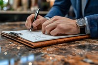 Professional in blue suit writing in leather portfolio on wooden desk, close-up view of hands wearing luxury watch and holding pen, business documentation.