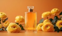 Elegant perfume bottle surrounded by blooming yellow ranunculus flowers on orange background, luxury fragrance and floral composition for beauty product photography.