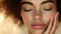 Young mixed-race woman with freckles touching face with closed eyes in natural sunlight for skincare and beauty concepts.