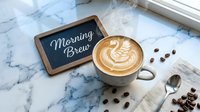 Steaming latte with swan art on marble surface beside chalkboard sign and scattered coffee beans, cozy morning cafe atmosphere.