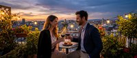 Romantic couple enjoying wine on a rooftop terrace at sunset, city skyline glowing in the background, string lights adding warm ambiance.