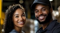 Happy young African American couple smiling together in modern urban setting with warm bokeh lights creating romantic atmosphere for lifestyle content.