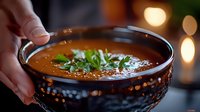 Homemade lentil soup garnished with fresh parsley in dark ceramic bowl against blurred warm lights background, cozy autumn comfort food serving.