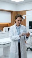 Female doctor using futuristic holographic tablet interface in modern medical clinic examining digital patient data and healthcare technology.