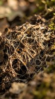 Tangled brown plant roots and root system in rich organic soil with natural fiber texture for gardening and agriculture concepts.