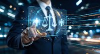 Businessman touching digital justice scale interface with network connections representing legal technology and law firm innovation solutions.