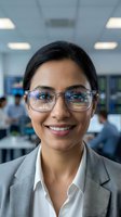 Professional Hispanic businesswoman wearing smart glasses with AI data visualization in modern office environment for technology and innovation concepts.