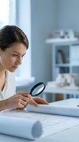 Professional woman architect examining blueprints with magnifying glass in modern office workspace for construction project planning and design review.