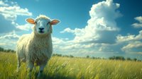 Young white sheep standing in green summer meadow against blue sky with fluffy clouds, looking directly at camera. Rural farm scene with natural lighting.