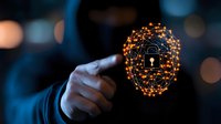 Glowing digital face outline with lock symbol representing facial recognition and cybersecurity, finger pointing at biometric authentication interface.