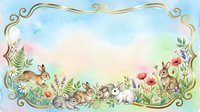 Watercolor illustration of adorable rabbits and bunnies surrounded by wildflowers and ferns in a whimsical garden scene with ornate gold frame border.