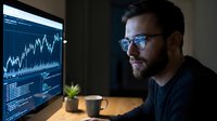 Male trader with dark hair and beard wearing glasses analyzes stock market charts on computer monitor at night, monitoring financial data for investment decisions.