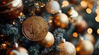 Golden cryptocurrency coin hanging as ornament on Christmas tree with glowing bokeh lights and gold baubles creating festive crypto investment atmosphere.