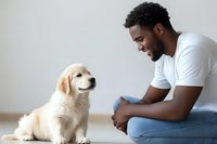 Young African American man in white t-shirt sitting on floor smiling at Golden Retriever puppy against light background, capturing joyful pet ownership moment.