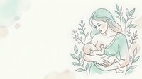 Tender mother breastfeeding newborn baby surrounded by botanical leaves on soft pastel background for motherhood and parenting content.