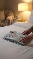Woman hands folding pajamas on bed in cozy bedroom with warm lamp light creating peaceful evening atmosphere for bedtime routine and self-care.