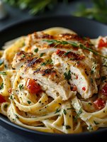 Pan-seared chicken breast with creamy pasta, herbs and tomatoes in cast iron skillet for dinner recipes and cooking content.