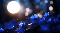Glowing blue wildflowers in moonlight with dreamy bokeh background create magical forest atmosphere. Delicate petals illuminate night garden setting.