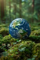 Planet Earth resting on green moss in forest environment, showing North and South America continents with detailed cloud formations against natural bokeh background.