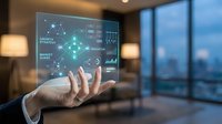Businesswoman holding transparent digital interface with network connections and data analytics in modern office with city skyline view for technology and innovation concepts.