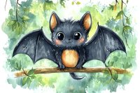 Cute baby bat with big eyes sitting on tree branch against green forest background, watercolor style artwork for children room decoration and greeting cards.