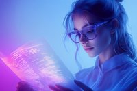 Young Asian woman in glasses reading glowing digital tablet screen in dark room with neon pink and blue lighting, creating futuristic cyberpunk atmosphere.