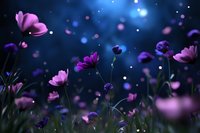 Dreamy purple cosmos flowers in moonlit garden with magical bokeh lights and glowing particles creating ethereal nighttime atmosphere. Perfect for fairy tale designs.