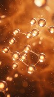 Golden molecular structure with glowing spheres and connecting bonds on warm orange background with bokeh light effects for science and chemistry concepts.