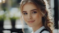 Young Caucasian businesswoman with natural makeup and brown hair in ponytail smiling confidently at camera, wearing white shirt in office setting with soft bokeh background.