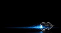 Futuristic glowing turbine engine with blue energy light rays on black background, isolated for technology and innovation design projects.