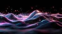 Glowing neon waves with pink and blue light trails flow across dark background, creating dynamic particle mesh network effect for technology designs.