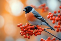 Male Eurasian bullfinch perched on bright orange rowan berries branch against soft bokeh background, winter garden wildlife photography in natural light.