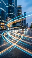 Dynamic light trails curve through modern city street at dusk with illuminated skyscrapers and traffic motion blur creating futuristic urban transportation concept.