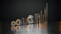 Metallic gears and springs with golden bar chart showing business growth and mechanical engineering progress on dark background.