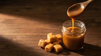Wooden spoon drizzling golden caramel sauce into a glass jar, surrounded by soft caramel candies on a rustic wooden table.