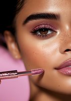 Close up beauty shot of glittery pink makeup application with sparkly eyeshadow, freckled skin, and glossy lip product being applied with metallic rose gold applicator wand.