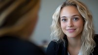 Young blonde woman with wavy hair and natural makeup smiling warmly during business meeting conversation, professional female portrait in office setting.