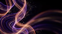 Abstract flowing light trails in purple and gold creating dynamic energy waves against dark background with sparkling particles for digital art projects.