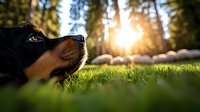 Close-up profile of Bernese Mountain dog lying on green grass at sunset, with sunburst through forest trees creating magical golden hour atmosphere.