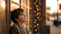 Young boy in cozy sweater gazing thoughtfully through window at golden hour with warm bokeh lights creating magical atmosphere for holiday season.