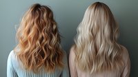 Two women with long wavy hair from behind showing different blonde shades - golden honey and platinum blonde. Professional hairstyling and coloring comparison for salon use.