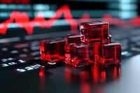 Red translucent cubes on dark surface with stock market chart in background, dramatic lighting creates glowing effect and reflections, financial concept.