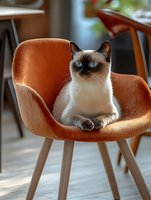 Siamese cat with bright blue eyes sitting regally in modern orange velvet accent chair with wooden legs against soft natural lighting and blurred background.
