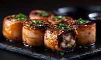 Pan seared scallops with caramelized crust garnished with fresh herbs on black stone plate, close up view showing texture and golden brown sear.